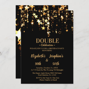 Black elegant & gold stars double joint birthday invitation