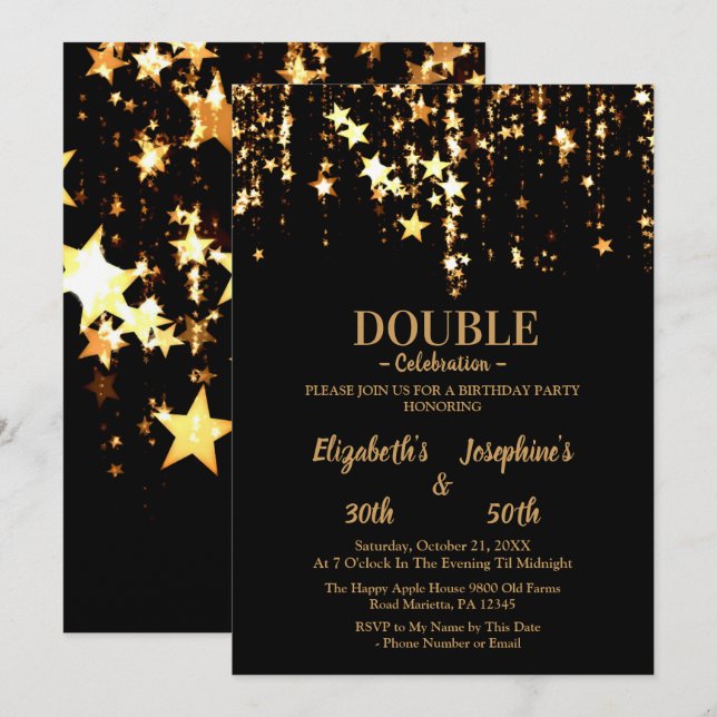 Black elegant & gold stars double joint birthday invitation (Front/Back)