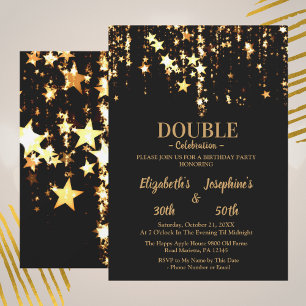 Black elegant & gold stars double joint birthday invitation