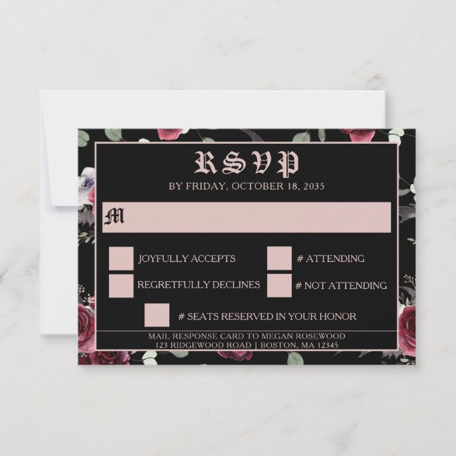 Black Elegant Gothic Bat and Rose RSVP Card (Front)