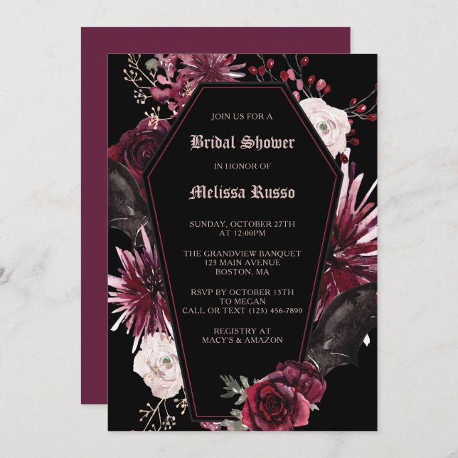 Black Elegant Gothic Rose Coffin Bridal Shower Invitation (Front/Back)