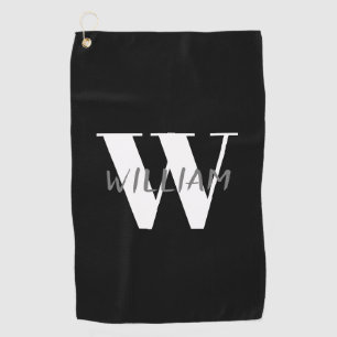 Black   Elegant Grey Name and White Initial  Golf Towel