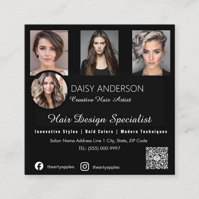 Black elegant  Hairstylist  Business Card: Square Business Card (Front)
