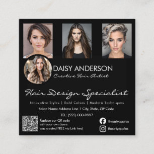 Black elegant Hairstylist Business Card: Square Business Card