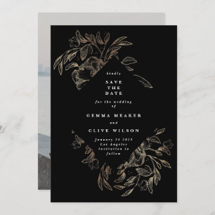 Black Elegant Hand Drawn Botanical Wedding Photo Save The Date