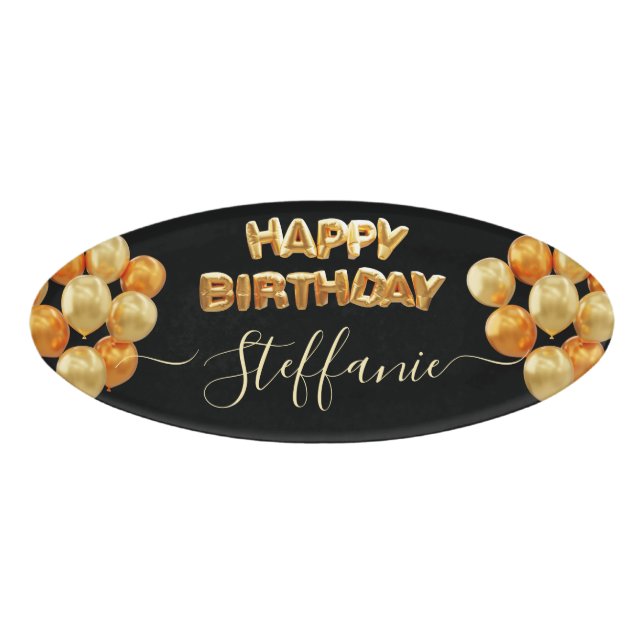 Black Elegant Happy Birthday Name Tag (Front)