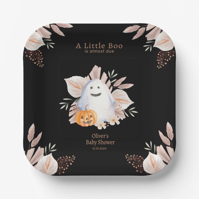 Black Elegant Little Boo Boho Ghost Baby Shower  Paper Plate (Front)