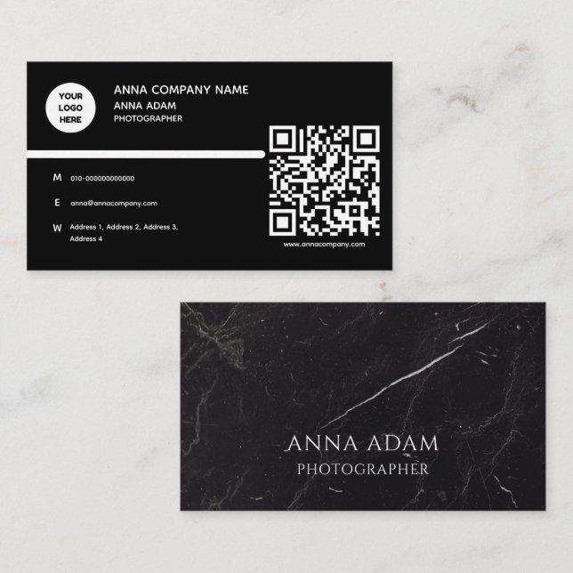 Black, Elegant, Marble,Modern, Minimalist, QR Code Business Card (Front/Back)