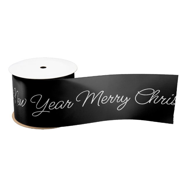 Black Elegant Merry Christmas Typography Script  Satin Ribbon (Spool)