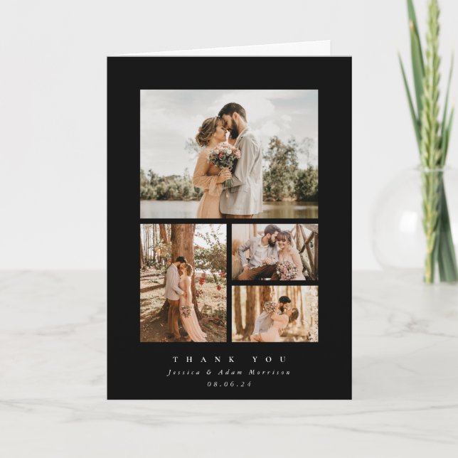 Black Elegant Minimal 4 Photo Wedding Thank You Card (Front)