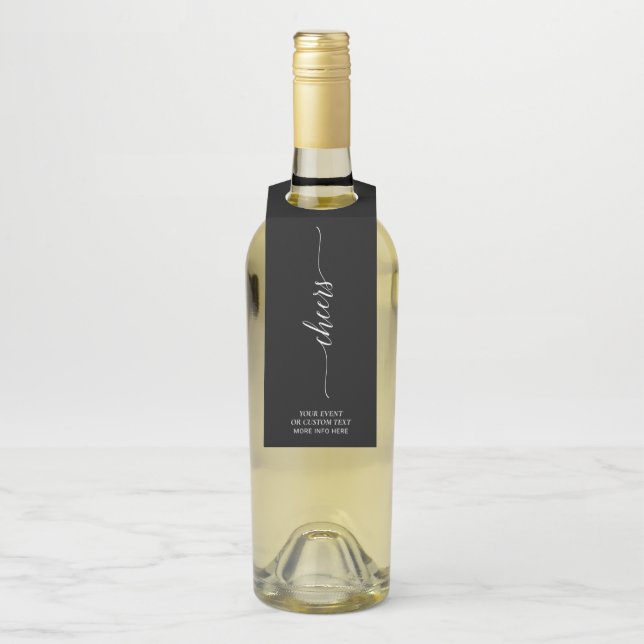 Black Elegant Minimal Script Cheers Party Bottle Tag (On Bottle)