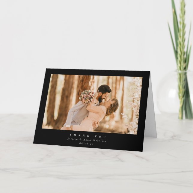 Black Elegant Minimal Single Photo Wedding Thank You Card (Front)