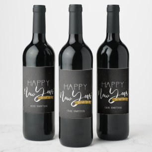 Black Elegant Minimalist Gold Happy New Year 2024 Wine Label