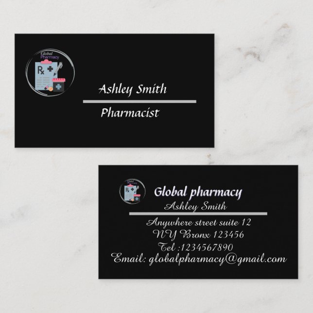 Black elegant minimalist pharmacy  business card (Front/Back)