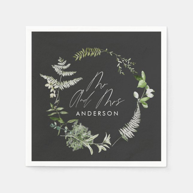 Black elegant modern botanical script wedding napkin (Front)