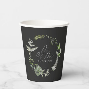 Black elegant modern botanical script wedding paper cups
