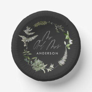 Black elegant modern botanical script wedding paper plate