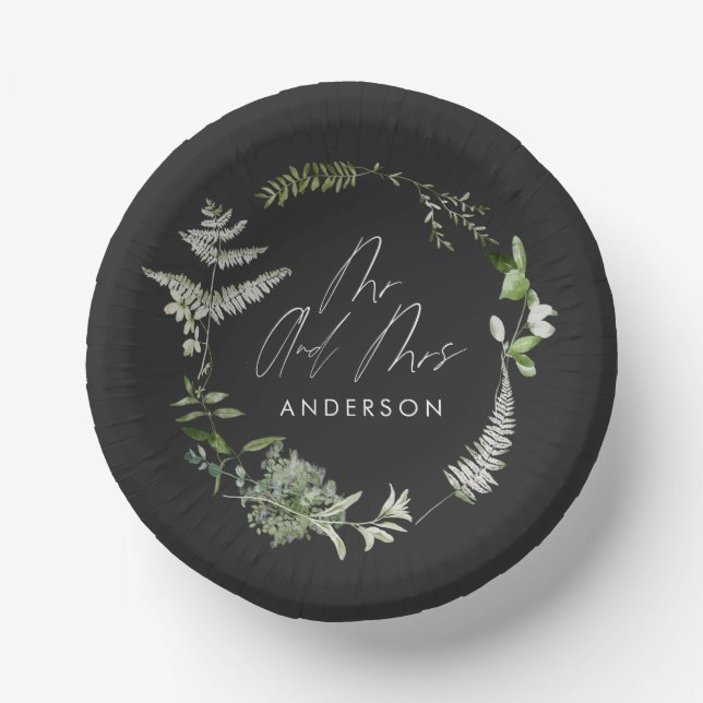 Black elegant modern botanical script wedding paper plate (Front)