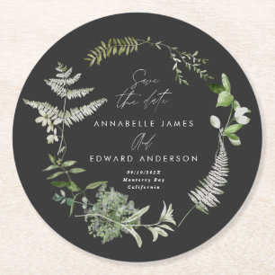 Black elegant modern botanical script wedding save round paper coaster
