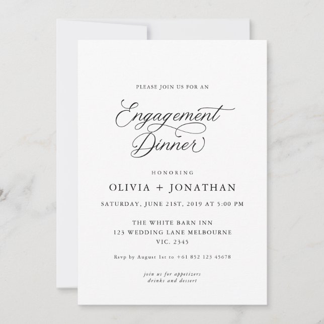 Black Elegant Modern Calligraphy Engagement Dinner Invitation (Front)