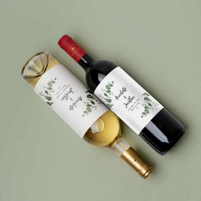 Black elegant modern eucalyptus wedding wine label (Creator Uploaded)