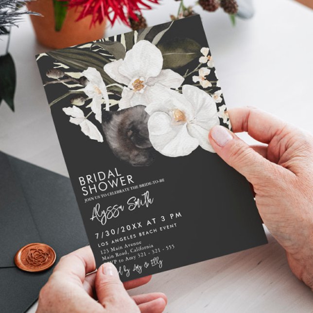 Black Elegant Modern Floral Orchid Bridal Shower Invitation (Creator Uploaded)
