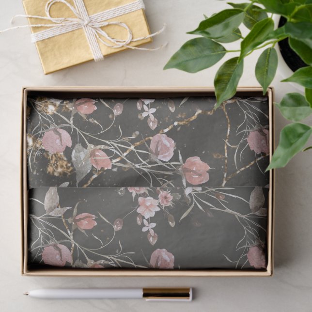 Black Elegant Modern Floral Rose Tissue Paper (Gift)