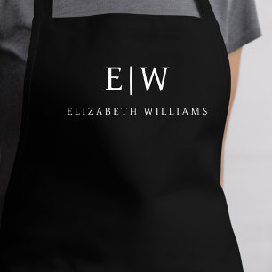 Black Elegant Modern Minimalist Monogram Name Apron