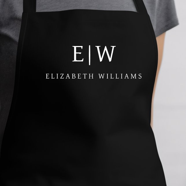 Black Elegant Modern Minimalist Monogram Name Apron (Creator Uploaded)