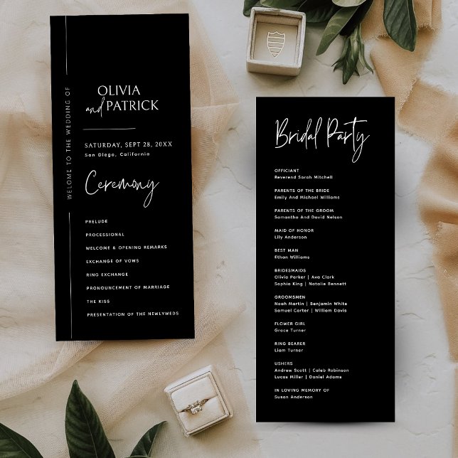 Black Elegant Modern Minimalist Wedding Program (Creator Uploaded)