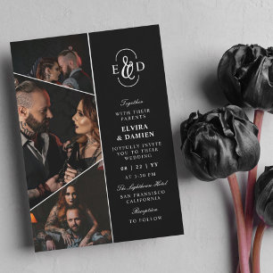 Black Elegant Monogram Asymmetrical Photos Wedding Invitation