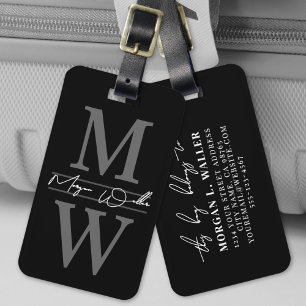 Black Elegant Monogram Name Luggage Tag