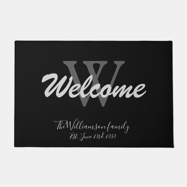 Black Elegant Monogram Script Name Wedding Welcome Doormat (Front)