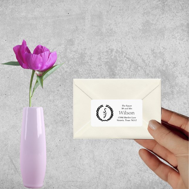 Black Elegant Monogram Wreath White Return Address Label (Creator Uploaded)