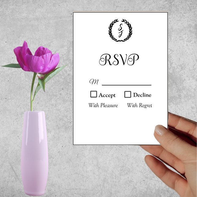 Black Elegant Monogram Wreath White RSVP Card (Creator Uploaded)