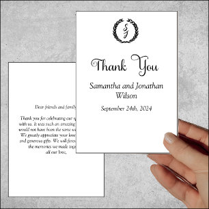 Black Elegant Monogram Wreath White Thank You Card