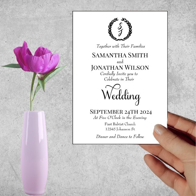 Black Elegant Monogram Wreath White Wedding Invitation (Creator Uploaded)