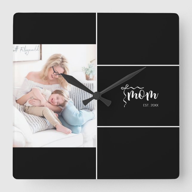 Black Elegant Mum Established Bow Add Photo Square Wall Clock (Front)