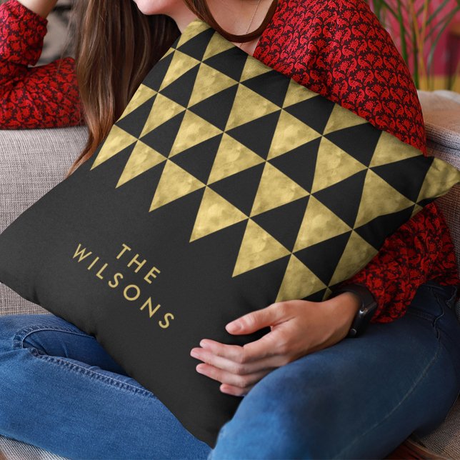 Black Elegant Name Faux Gold Triangle Pattern Cushion (Creator Uploaded)