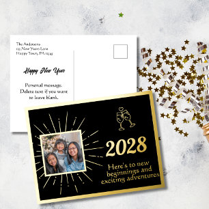 Black Elegant New Year Photo Foil Holiday Postcard