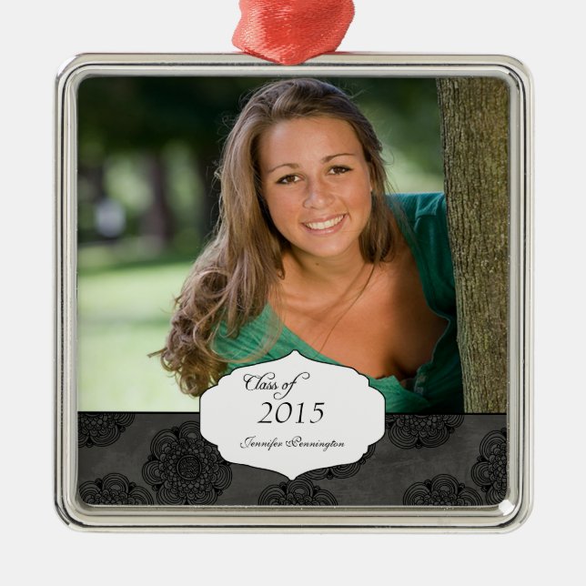 Black elegant pattern graduation photo ornament (Front)
