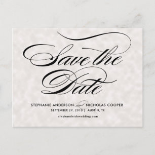 Black elegant pearl script wedding save the date announcement postcard