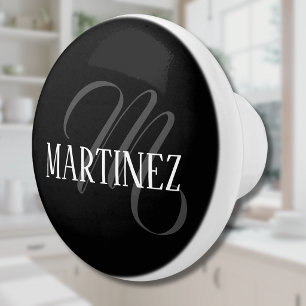 Black Elegant Personalised Last Name   Name Ceramic Knob