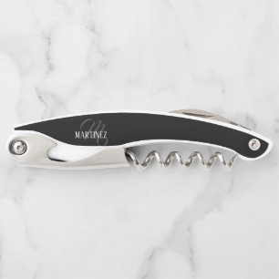 Black Elegant Personalised Last Name   Name Corkscrew