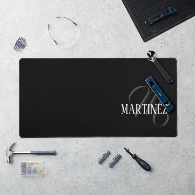 Black Elegant Personalised Last Name | Name Desk Mat (Workstation)