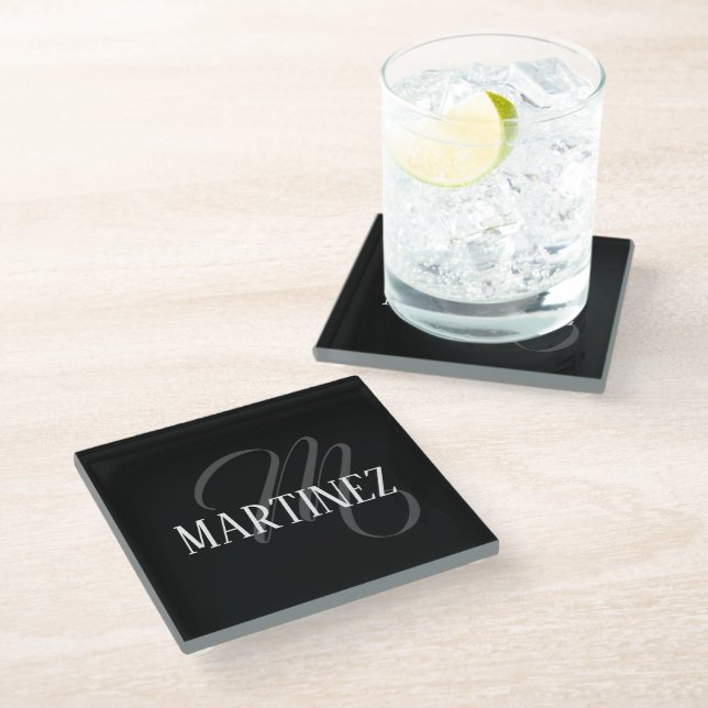 Black Elegant Personalised Last Name | Name Glass Coaster (Angled)