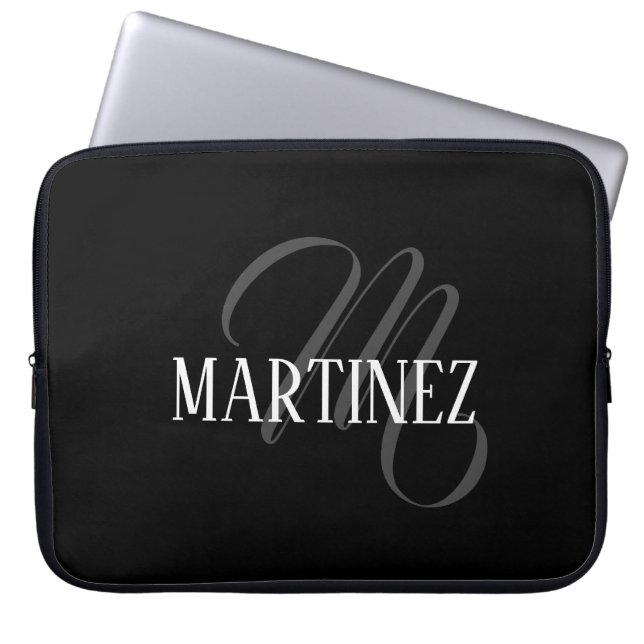 Black Elegant Personalised Last Name | Name Laptop Sleeve (Front)