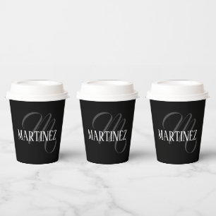 Black Elegant Personalised Last Name   Name Paper Cups