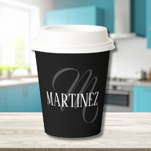 Black Elegant Personalised Last Name Name Paper Cups