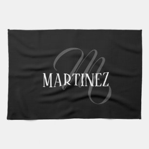 Black Elegant Personalised Last Name Name Tea Towel